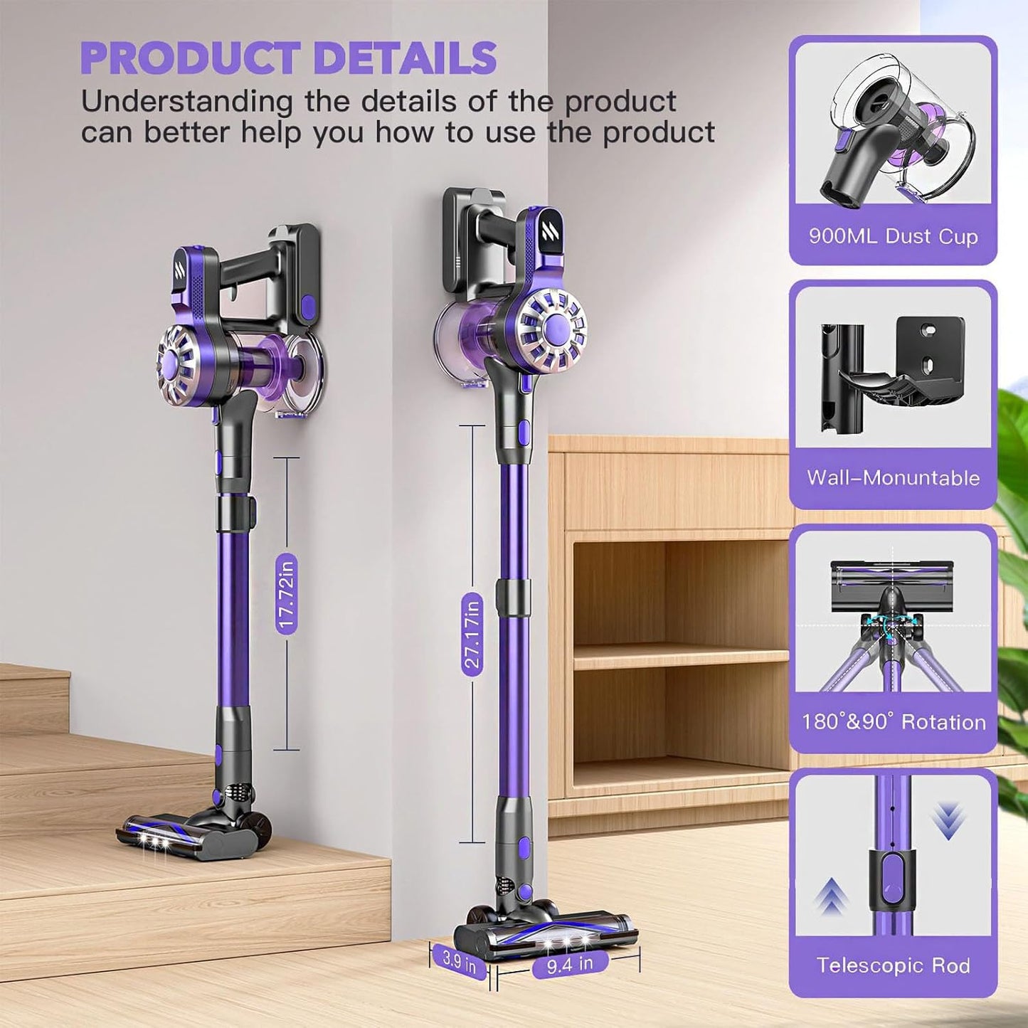 Cordless Vacuum Cleaner,Vacuum Cleaners for Home with Super Suction,Lightweight Stick Vacuum with 35 Mins Runtime,Rechargeable Cordless Vacuum for Carpet, Tile, Pet Hair, Hardwood Floors(Purple)