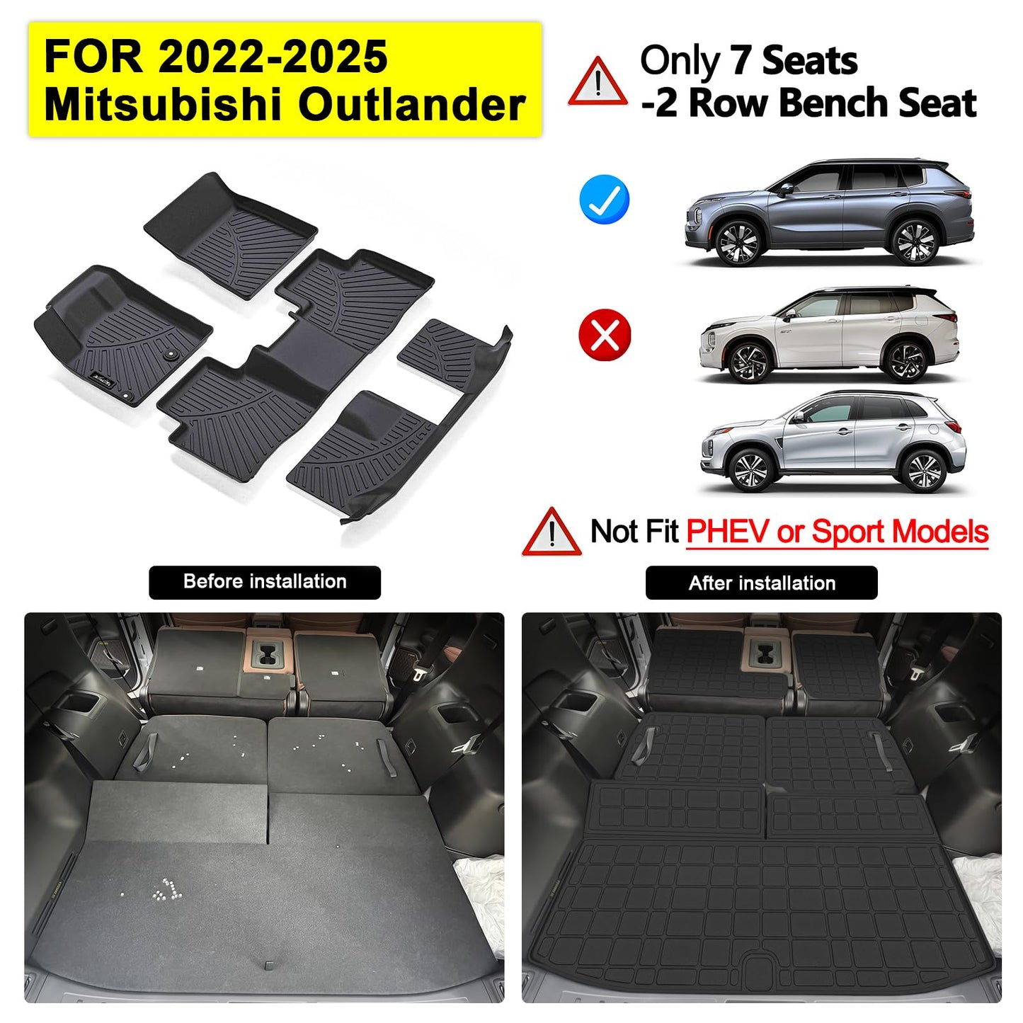 AltraVos Car Mats for 2022-2025 Mitsubishi Outlander (Not for PHEV or Sport Models), 7 Seats Floor Mats & Trunk Mat & 2nd and 3rd Backrest Mat for Outlander