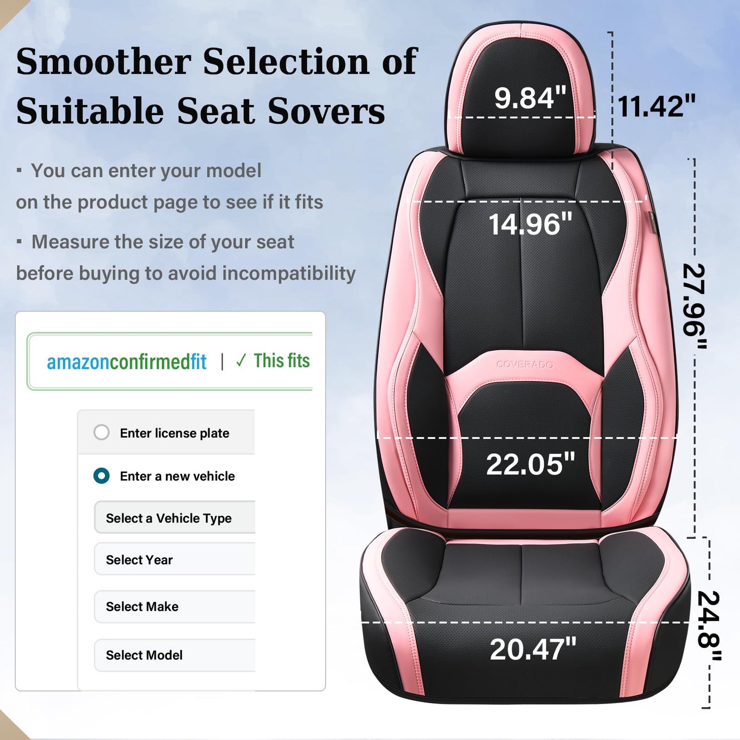 Coverado Car Seat Covers Full Set, Waterproof Nappa Leather Seat Covers for Car, Car Seat Protector with Lumbar Support, Automotive Seat Covers Universal Fit for Most Cars SUV Trucks, (Black&Pink)