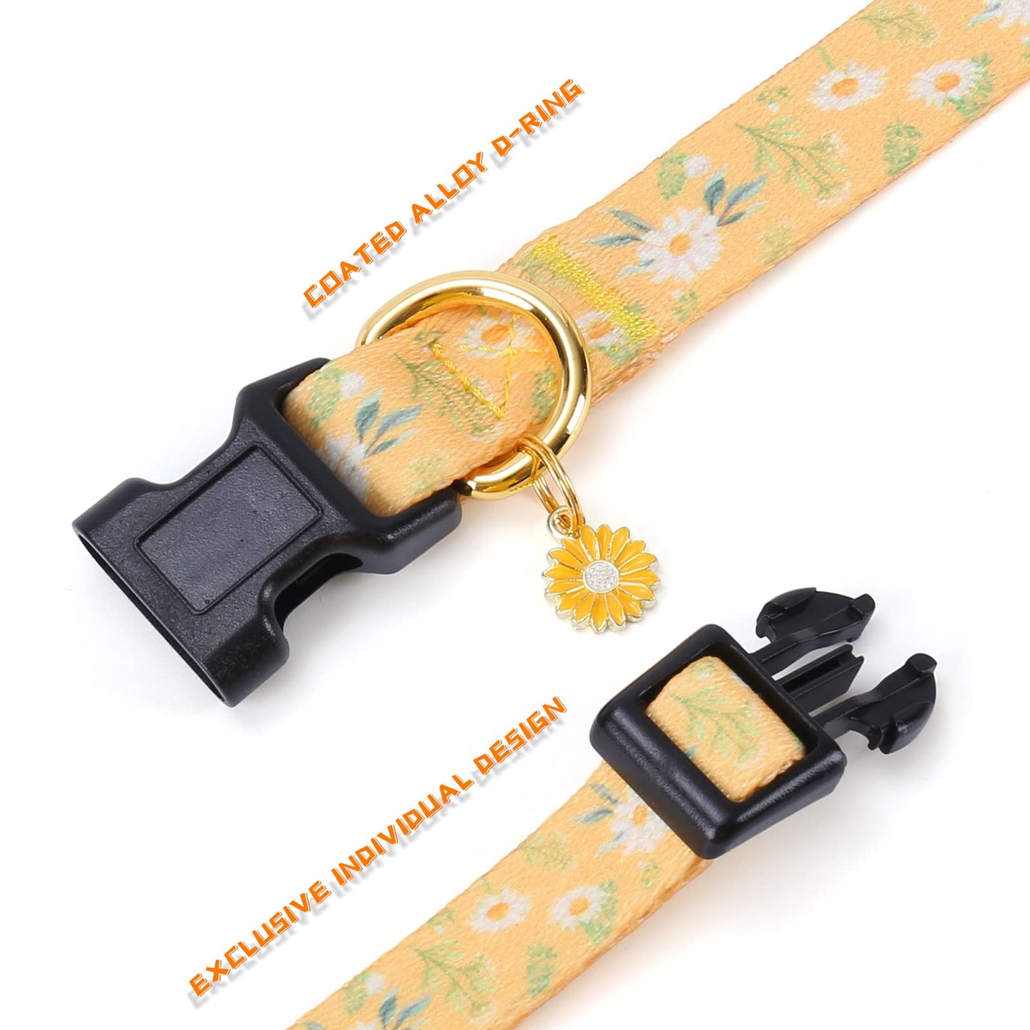Cotton Handmade Dog Collar for Small Medium Large Dogs,Yellow Daisy with Pendant Cute Dog Collars,Ideal for Girl Dogs Boy Dogs (Medium)