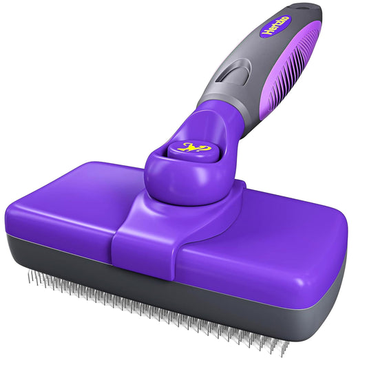 Hertzko Self Cleaning Slicker Brush for Dogs and Cats - Pet Hair Brush for Shedding Long and Short Hair - Easy Clean Retractable Bristles - Cat and Dog Grooming Tool - Purple