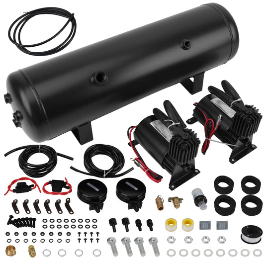 3 Gallon 6 Ports Compressed air Storage Tank 150PSI Air Compressor for Suspension/Air Ride/Bag/Car/Train/Truck Horn Aluminum 12 Liter Onboard System Air Suspension Compressor Kit (2PCS)