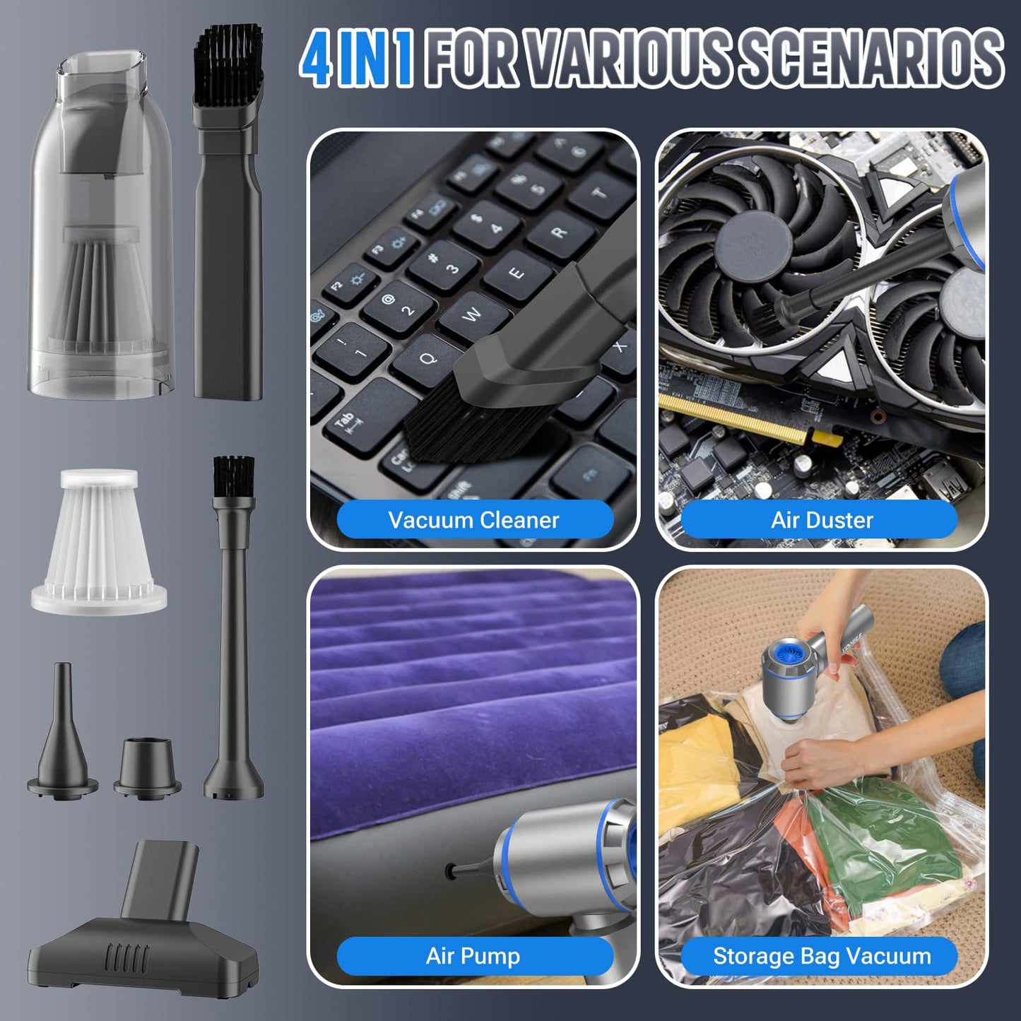 Mini Car Vacuum Cleaner, Upgraded 25KPa 120W Wireless Handheld Vacuum Cleaner, 9000mAh Rechargeable Battery, Portable Lightweight Air Blower, 210,000RPM Air Duster for Car, Office and Home Cleaning