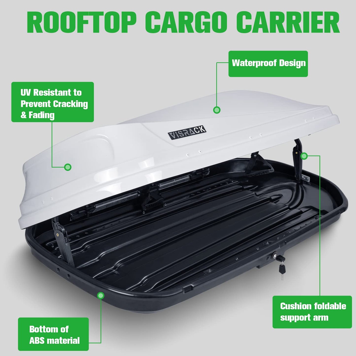 Large Rooftop Cargo Carrier Box, Heavy Duty Hard Shell Roof with Security Keys, Waterproof Rooftop Cargo Box, 62 (L) x 31 (W) x 15(H) Inches, 16 Cubic Feet (Tool-Free Install), White