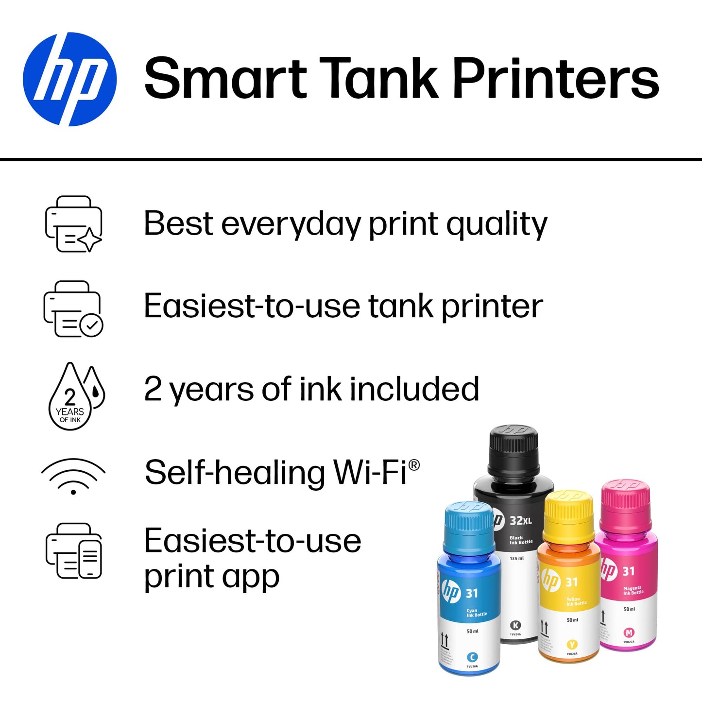 HP Smart Tank 5101 Wireless All-in-One Ink Tank Printer, Scanner, Copier with 2 years of ink and 100 sheets of photo paper included, Best-for-home, Refillable, AI-enabled (1F3Y0A)