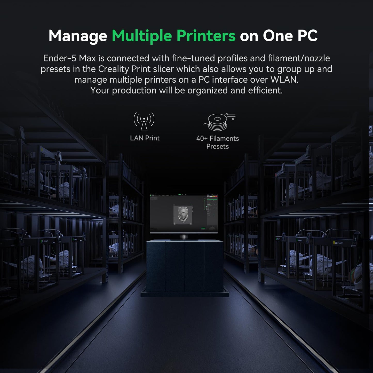 Creality Ender 5 Max 3D Printer with Auto Leveling, 400×400×400mm Large Build Volume, Max 700mm/s Speed, All-Metal Dual Gear Extruder, Multi-Printer Control Over WLAN