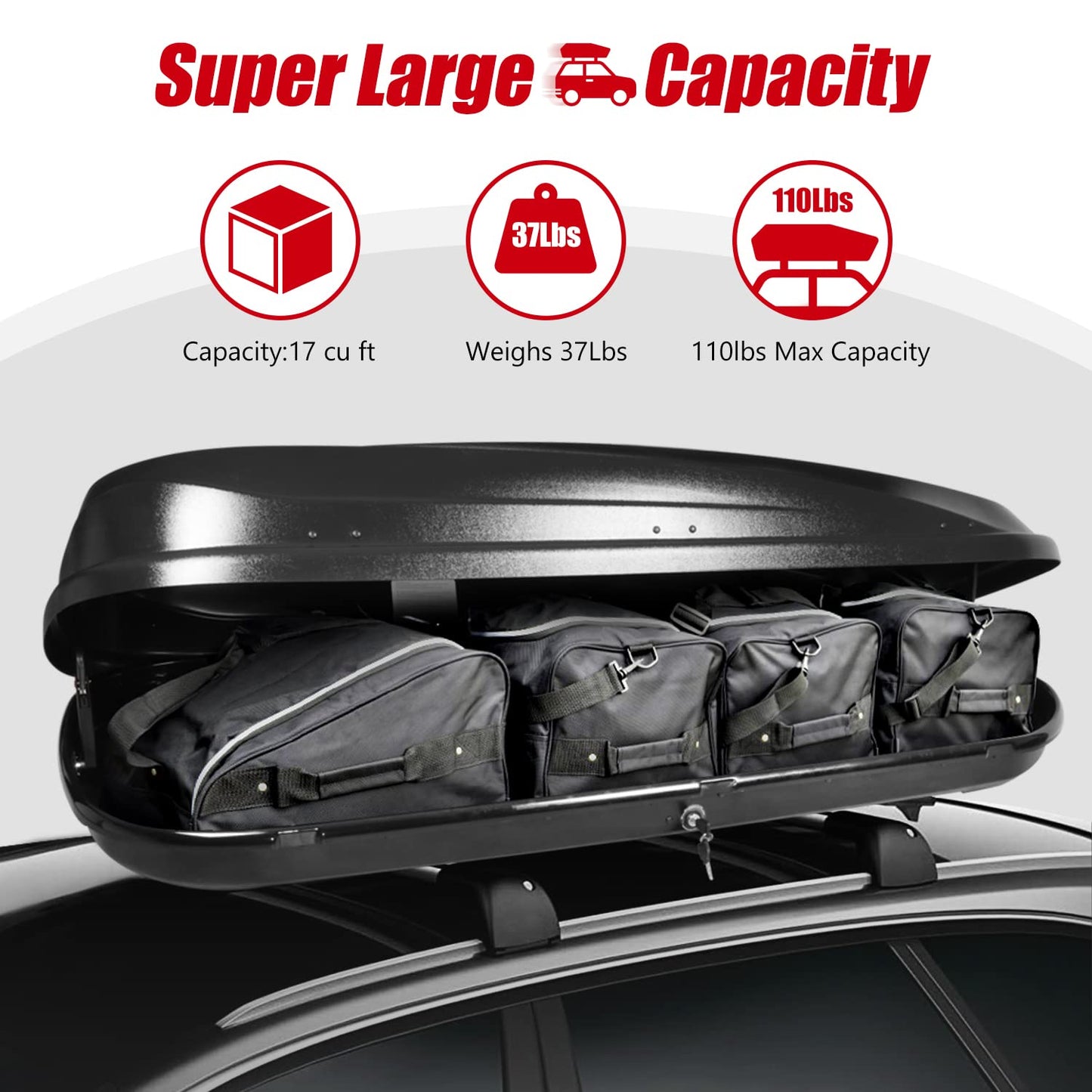 DNA MOTORING Extra Long XXL Rooftop Cargo Carrier Box Lockable Heavy Duty Car Top Storage Case w/Lock+Keys, 110Lb Capacity, 17 Cubic Ft.(Textured Black),PT-ZTL-8295-BK