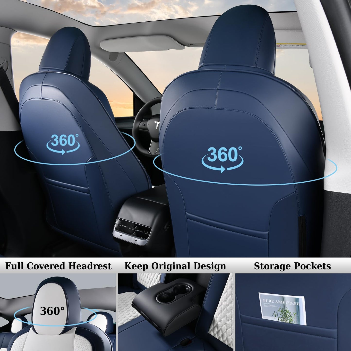Coverado Car Seat Covers for Tesla Model Y, Car Seat Covers Full Set 5 Seater, Leatherette Car Seat Covers Front Seats and Back Custom for Tesla Model Y 2020 2021 2022 2023 2024 BlueWhite