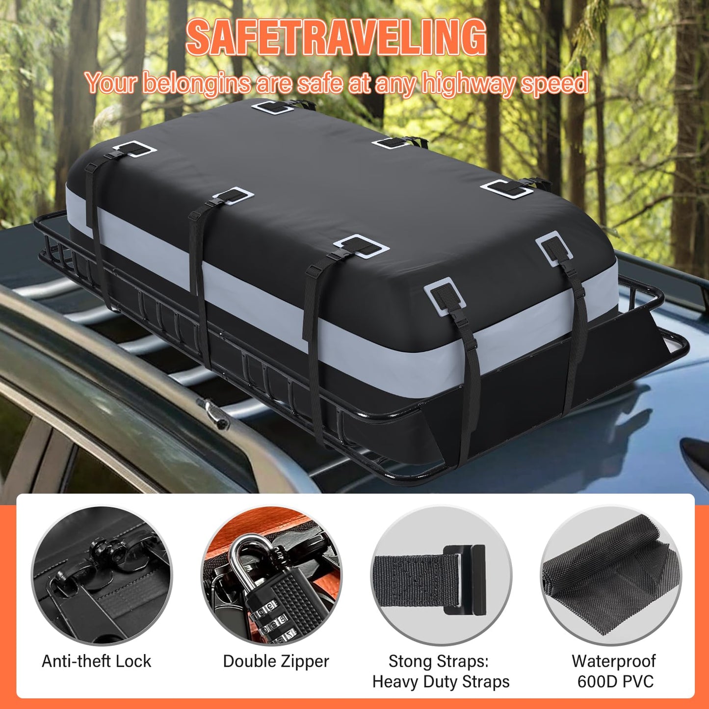 Heavy Duty Universal Rooftop Cargo Carrier Roof Rack, 64"x36"x5" Roof Rack Basket with 20 Cu.Ft Waterproof Bag, for SUV, Truck and Van, 250lbs Capacity, Corrosion Resistant, Steel Construction