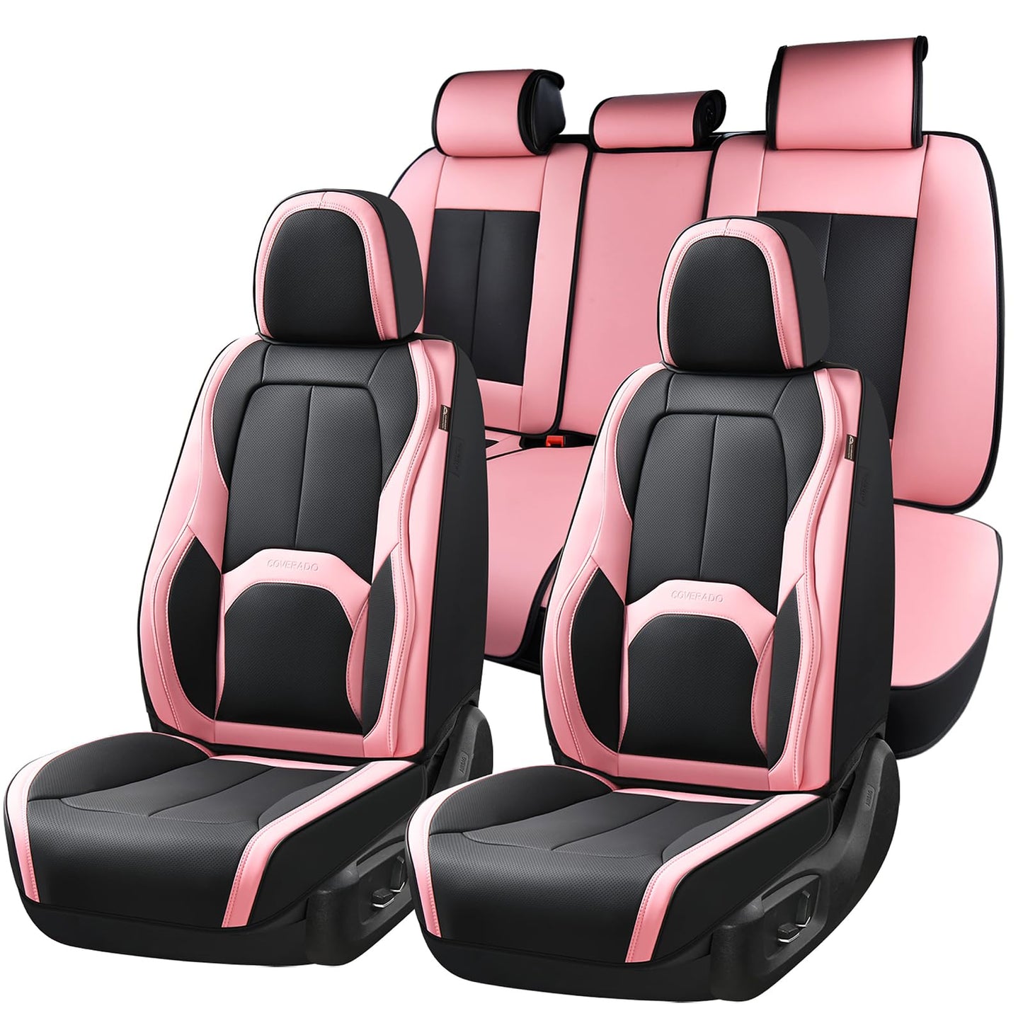 Coverado Car Seat Covers Full Set, Waterproof Nappa Leather Seat Covers for Car, Car Seat Protector with Lumbar Support, Automotive Seat Covers Universal Fit for Most Cars SUV Trucks, (Black&Pink)
