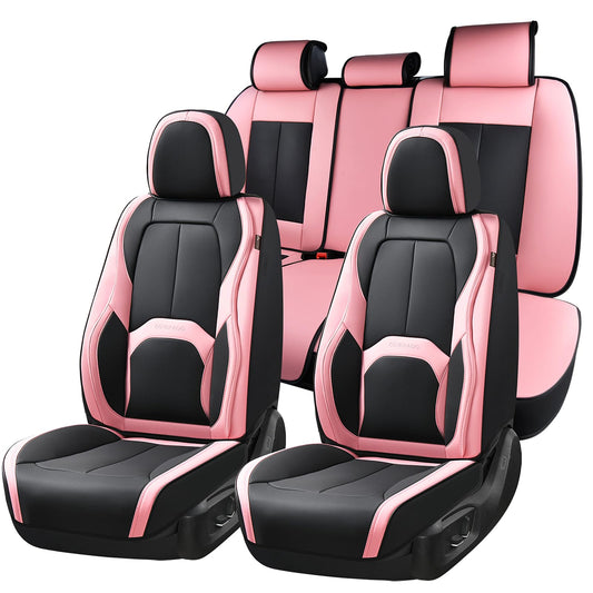 Coverado Car Seat Covers Full Set, Waterproof Nappa Leather Seat Covers for Car, Car Seat Protector with Lumbar Support, Automotive Seat Covers Universal Fit for Most Cars SUV Trucks, (Black&Pink)