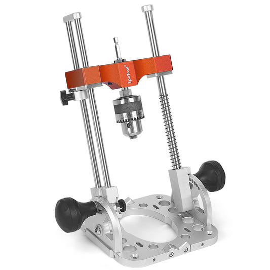 SpeTool Portable Drill Guide with Liner Ball Bearings Guide Poles, 1/2” Chuck Drill Press Adapter for Hand Drill Adjustable from 0-60°, Multi Angle Drill Guide for Straight Holes Woodworking