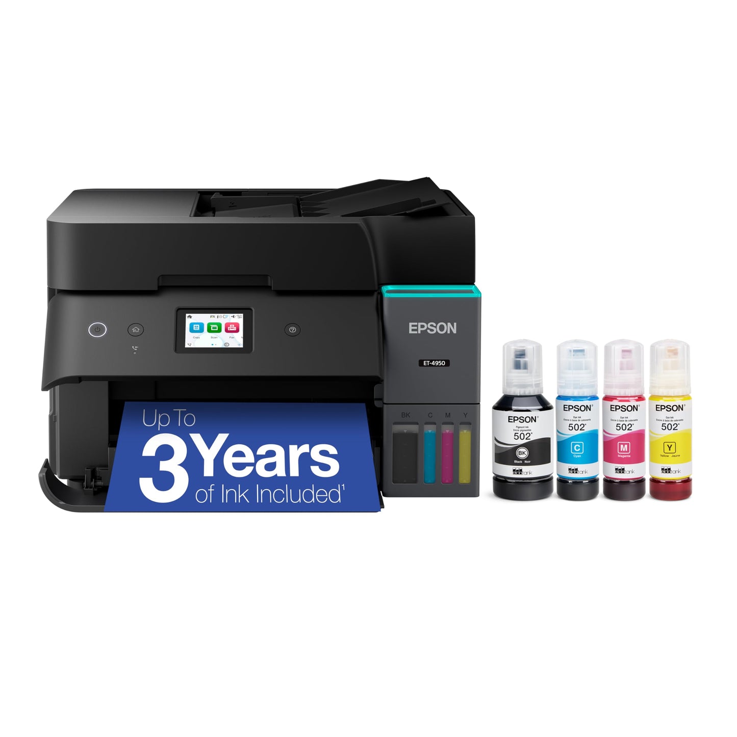 Epson EcoTank ET-4950 Wireless All-in-One Color Supertank Printer with up to 3 Years of Ink, Refillable Tanks, Perfect for Home, 18 PPM, 2.4" Color Touchscreen, Auto Document Feeder – Black