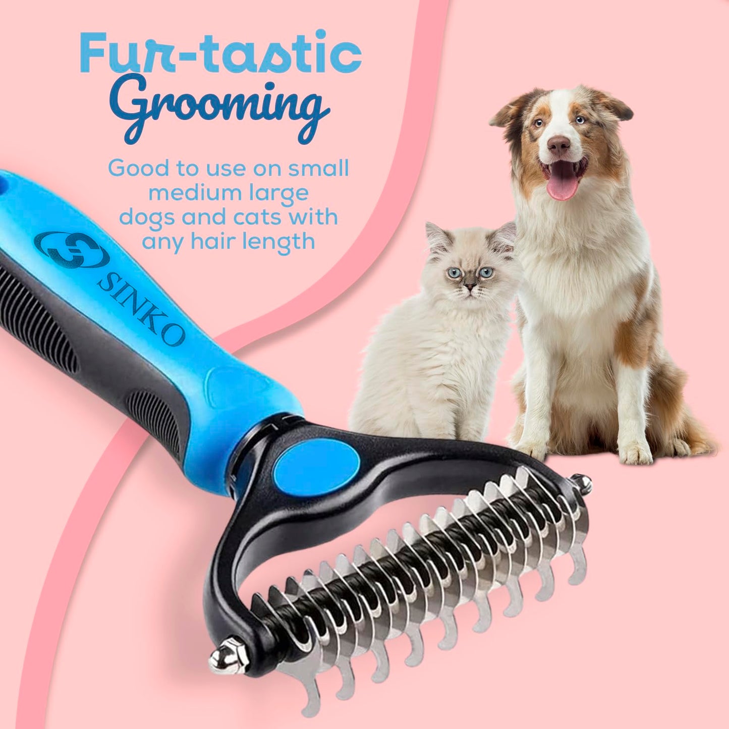 Sinko Undercoat Rake for Dogs & Cats, Dematting Comb with Extra Wide Double-Sided Stainless Teeth for Detangling, Deshedding, Brushing & Removing Shed Fur, Knots, Mats, and Tangles in Pets (Blue)