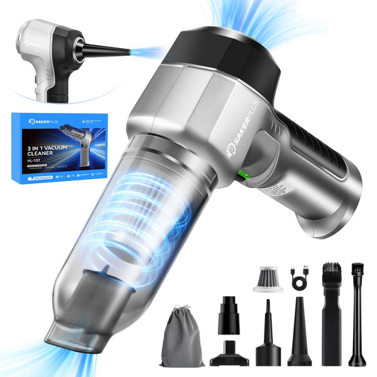 SakerPlus Mini Vacuum Cleaner, 3 in 1 Car Vacuum Cleaner High Power, 15000PA Powerful Suction, Air Duster, 7500mAh, Dual Filter,Adjustable Small Vaccum Portable Cordless for Cars,Desktop,Home - HL137