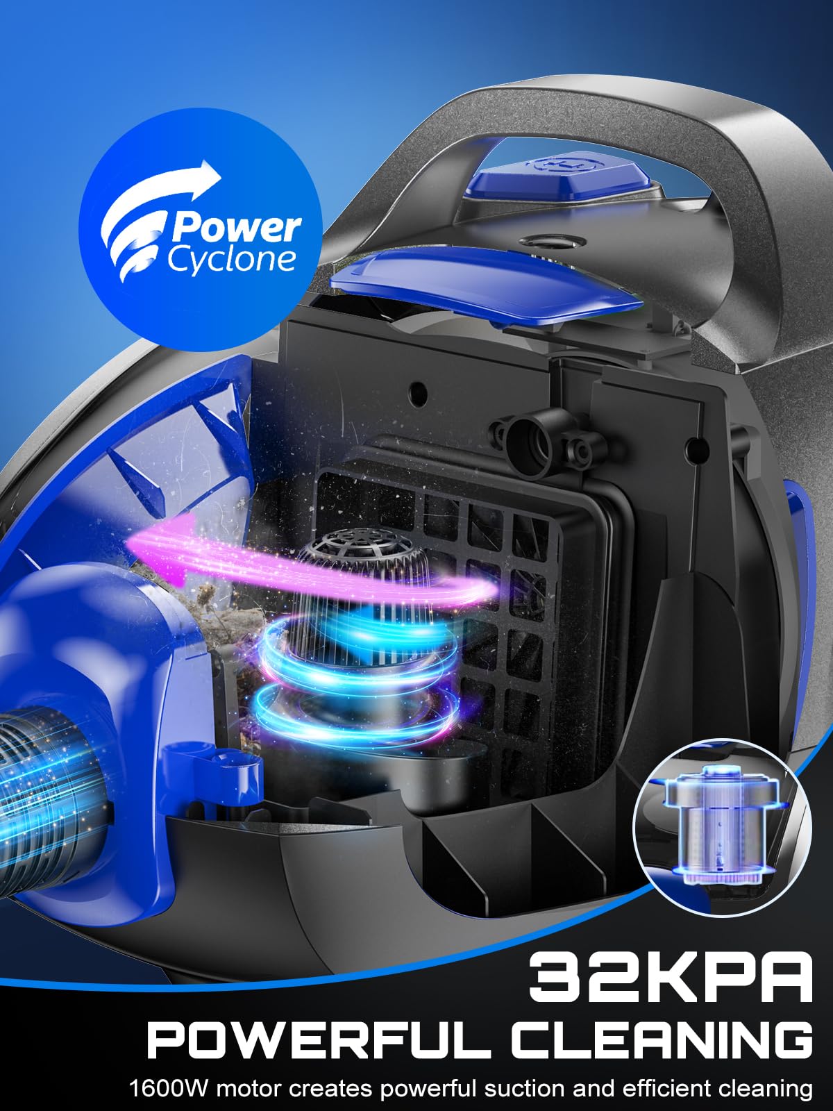 Canister Vacuum Cleaner, 32Kpa 1600W Cyclon Power Bagless Canister Vacuum Cleaners for Home, 3.7QT Large Dust Cup, Lightweight Vac for Hard Floors, Carpets, Pet Hair, Blue