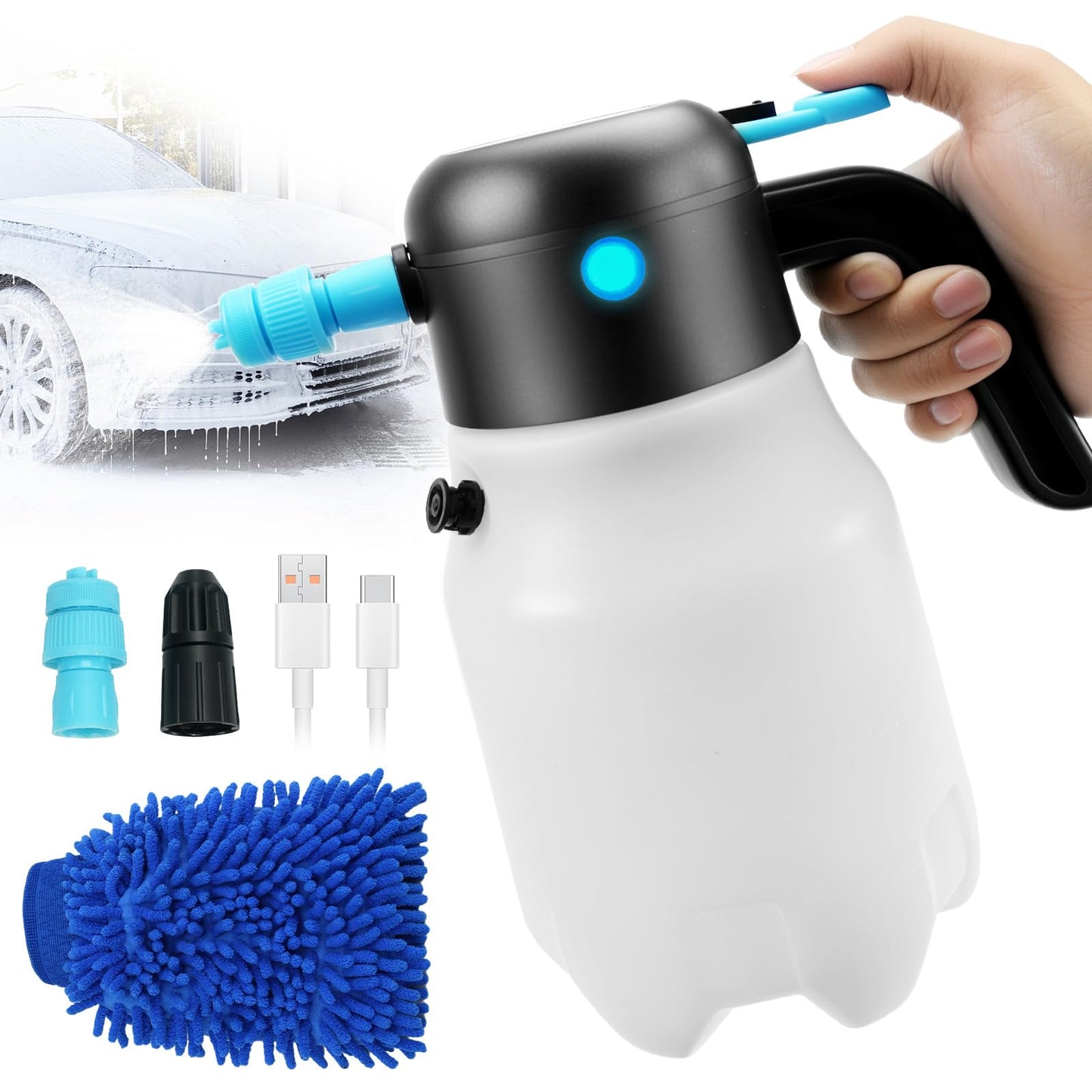 Electric Foam Sprayer Car Wash, 60PSI Foam Sprayer Auto Pressurized with 2 Nozzles(Foam/Water Stream), Built-in 7.4V Pump, 2x2000mAh Battery, for Car Wash, Window Cleaning, Garden&Home Use-68oz/2L