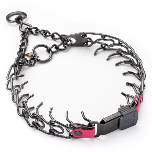 Herm Sprenger Black Stainless Steel Dog Collar with Short Links and Quick Release ClicLock Buckle and Biothane Insert Made in Germany 20in x 3.0mm (Neck Size up to 16-17in) (Passionfruit Pink)