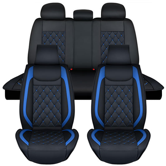Nilight 5 Car Seat Covers Waterproof Faux Leather Cushions Anti-Slip Universal Fit for 5 Passenger Cars Kia Civic Corolla Hyundai Honda Camry CR-V RAV4 Fusion SUV Truck (Full Set, Black-Blue)
