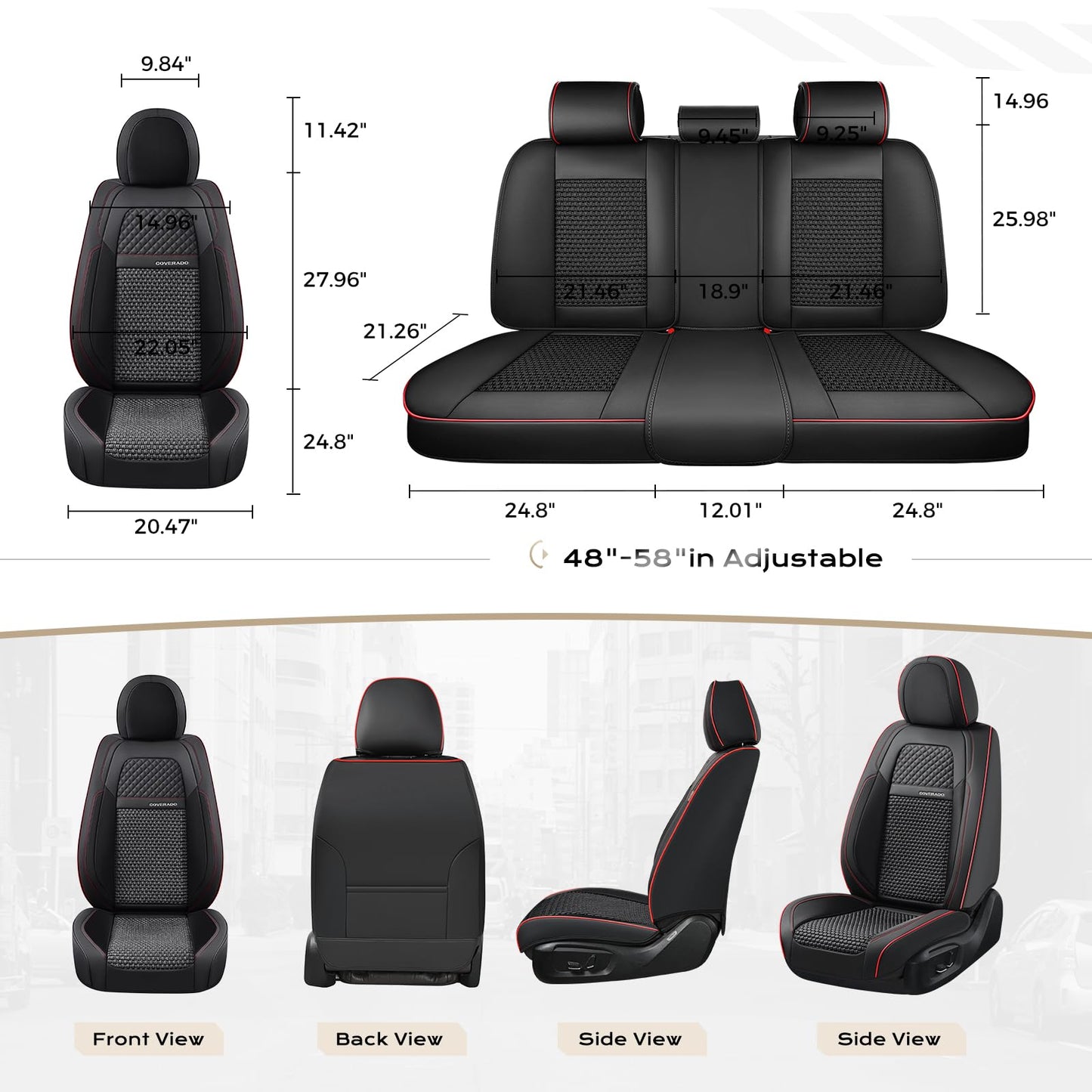 Coverado Car Seat Covers Full Set, Nappa Leather Black Seat Covers for Cars, Waterproof Car Seat Protector, Front and Back Seats Universal Fit for Most Vehicles