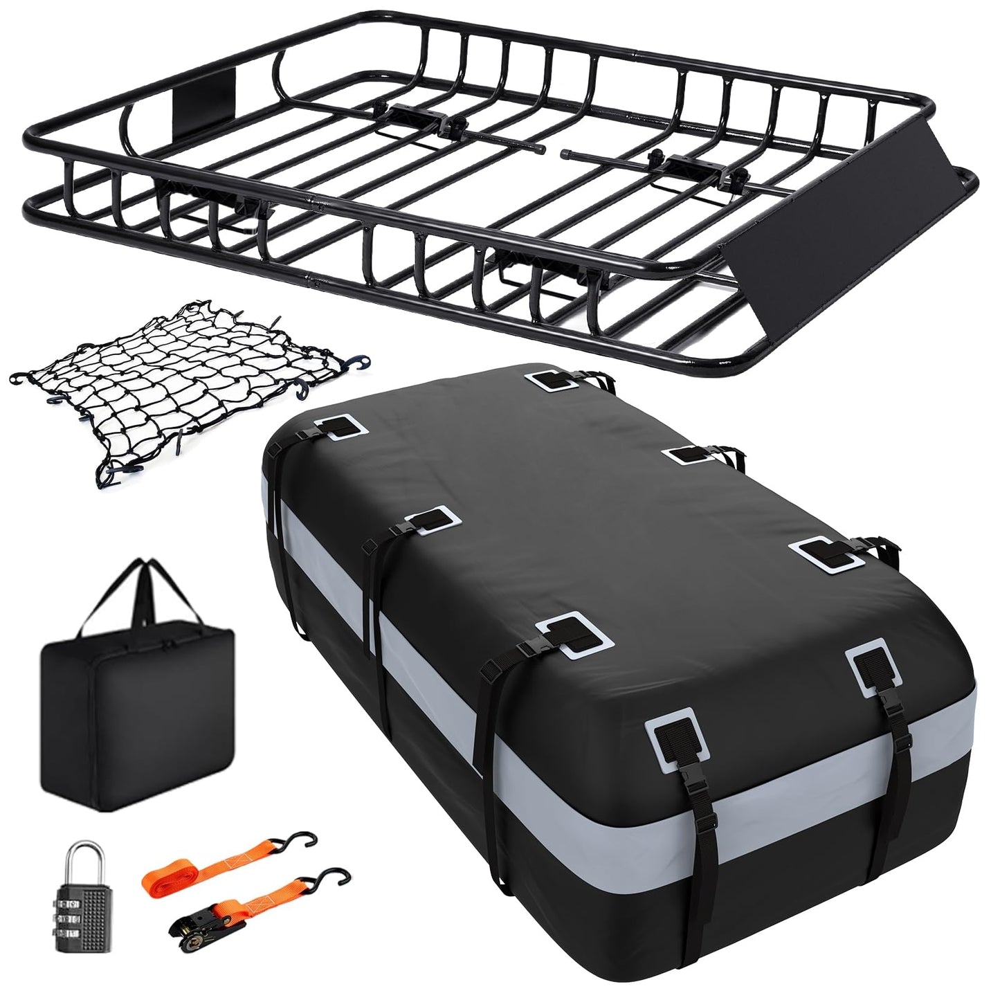Heavy Duty Universal Rooftop Cargo Carrier Roof Rack, 64"x36"x5" Roof Rack Basket with 20 Cu.Ft Waterproof Bag, for SUV, Truck and Van, 250lbs Capacity, Corrosion Resistant, Steel Construction