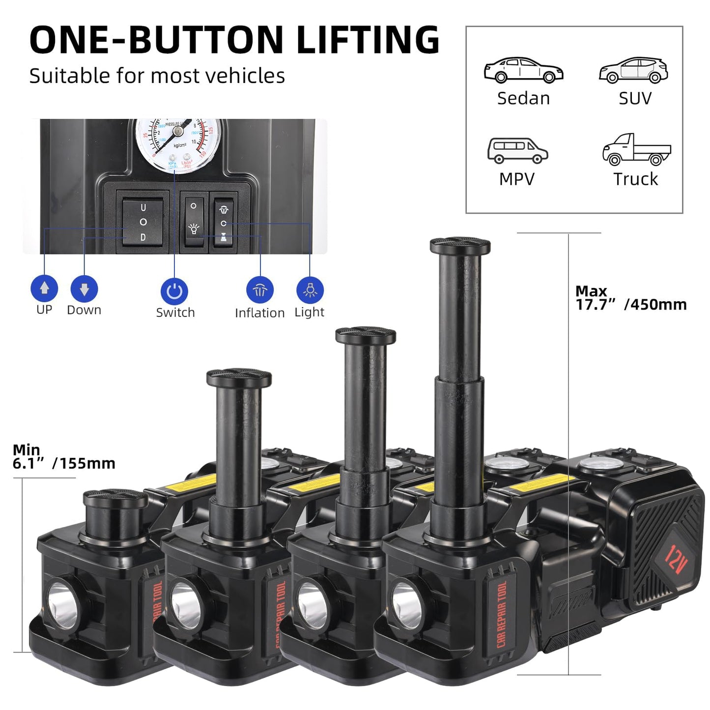Electric Car Jack kit 5 Ton 12V Electric Floor Jack Lift for Vehicle, Electric Hydraulic Jack Auto Repair Tool Set with Built-in Inflator and Impact Wrench for SUV Sedan Truck Tire Change
