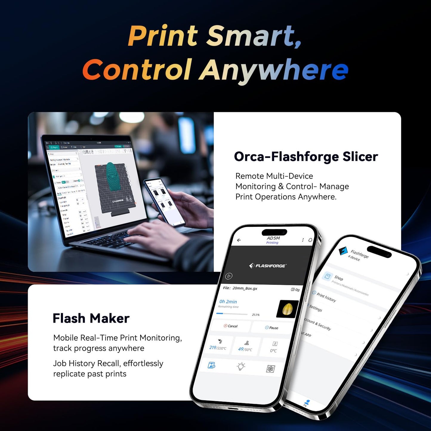 FLASHFORGE 3D Printer AD5M, 1-Click Full-Auto Calibration 600mm/s Fast Printing, CoreXY High-Speed Precision with Every Layer, 3S Quick-Swap Nozzle, Customizable Enclosure, Build Volume 220*220*220mm