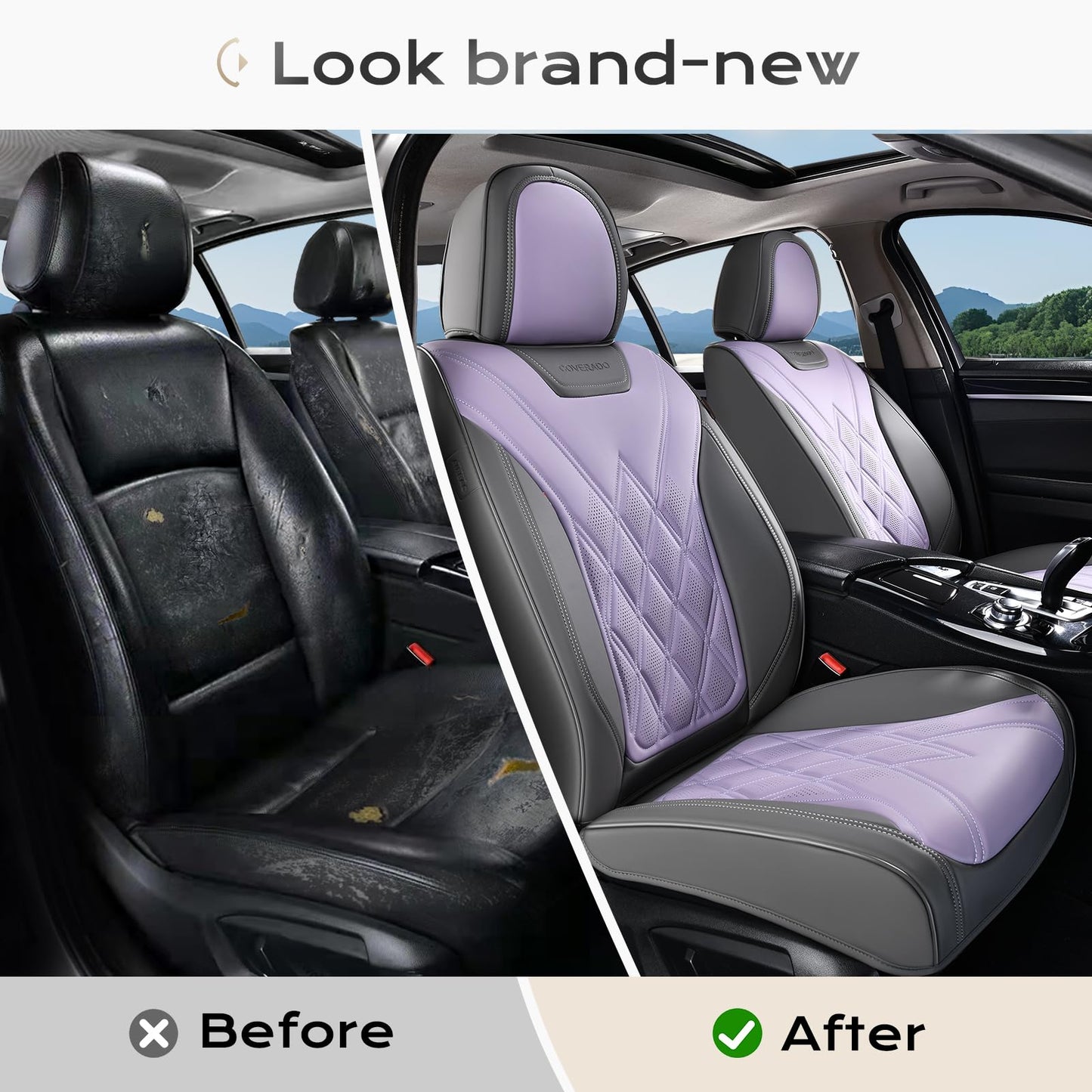 Coverado Car Seat Covers Full Set, Seat Covers for Cars, Waterproof Leather Automotive Seat Cover, Universal Car Interior Protectors Cushion for Most Cars Gray_Pruple