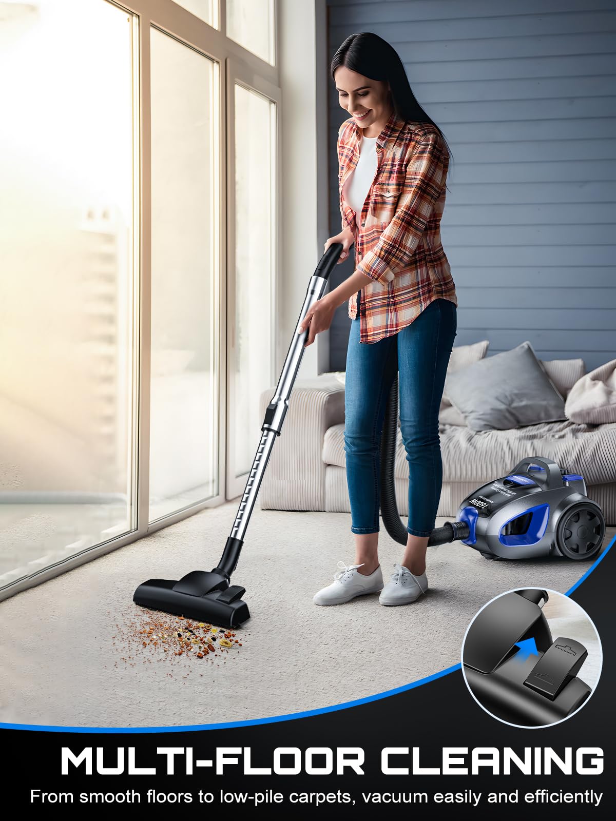 Canister Vacuum Cleaner, 32Kpa 1600W Cyclon Power Bagless Canister Vacuum Cleaners for Home, 3.7QT Large Dust Cup, Lightweight Vac for Hard Floors, Carpets, Pet Hair, Blue