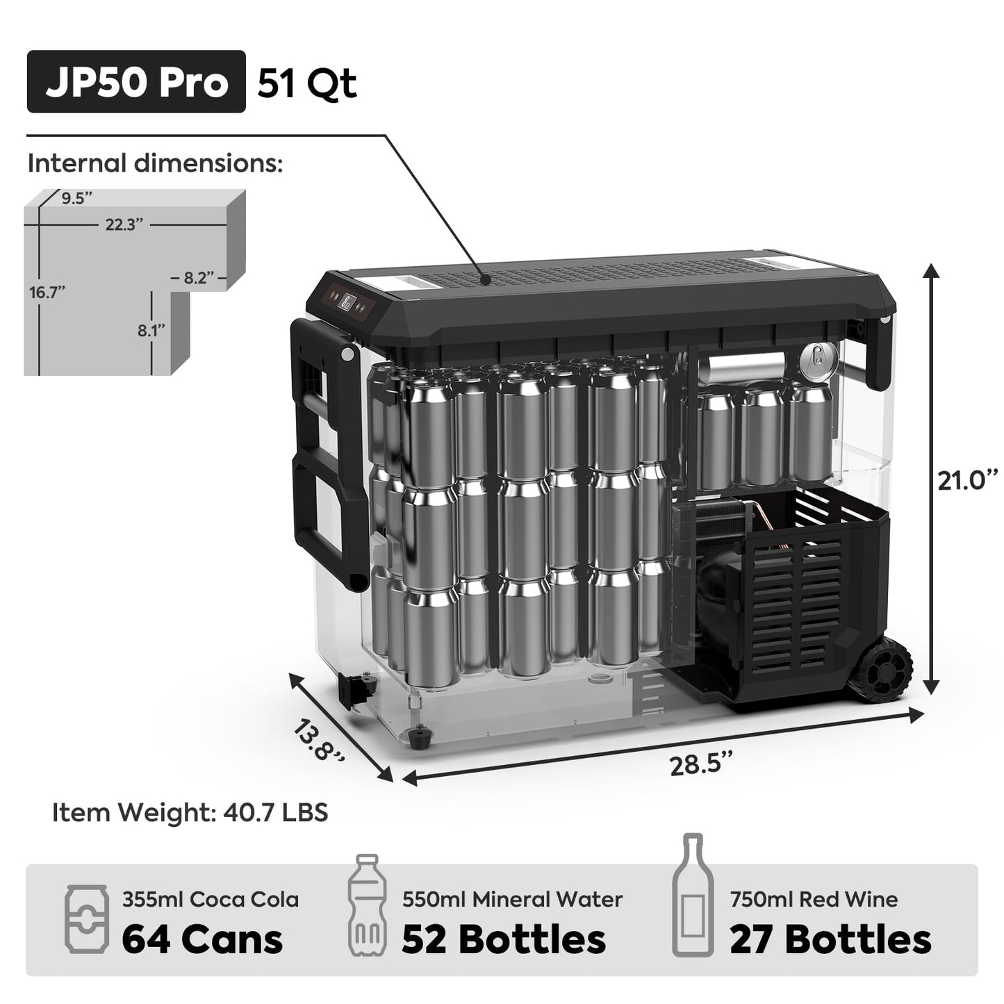 ICECO JP50 Pro Portable Refrigerator,12Volt Car Fridge Freezer, Compact Refrigerator with Secop Compressor, for Outdoor, Camping 51.7 Quart, -4℉～68℉, DC 12/24V, AC 110/240V, Multi-directional Lid