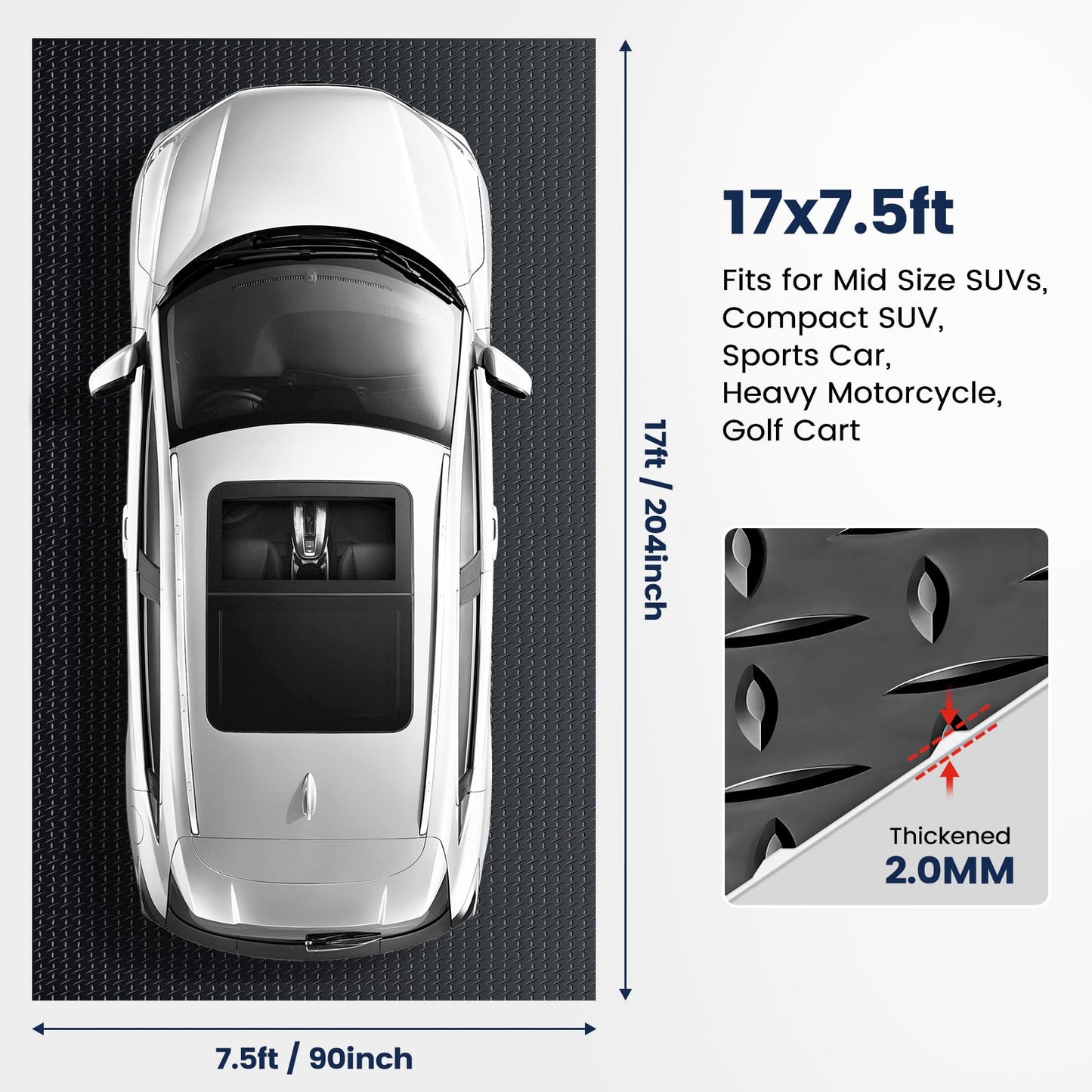 KROAK 7.5 x 17 FT Garage Floor Mat, Thickened PVC Parking Mat, Anti-slip Garage Floor Runner & Protector Mat Fits for SUVs, Compact SUV, Sports Car, Heavy Motorcycle, Golf Cart, 204"L x 90"W x 0.1"Th