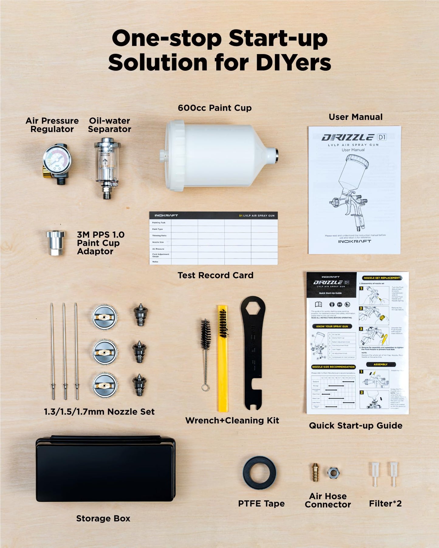 InoKraft D1 LVLP Air Spray Gun Premium Kit, Easy to Use, Paint Gun for Cars & House DIY Painting, 1.3/1.5/1.7mm Nozzles, with Paint Sprayer Accessories