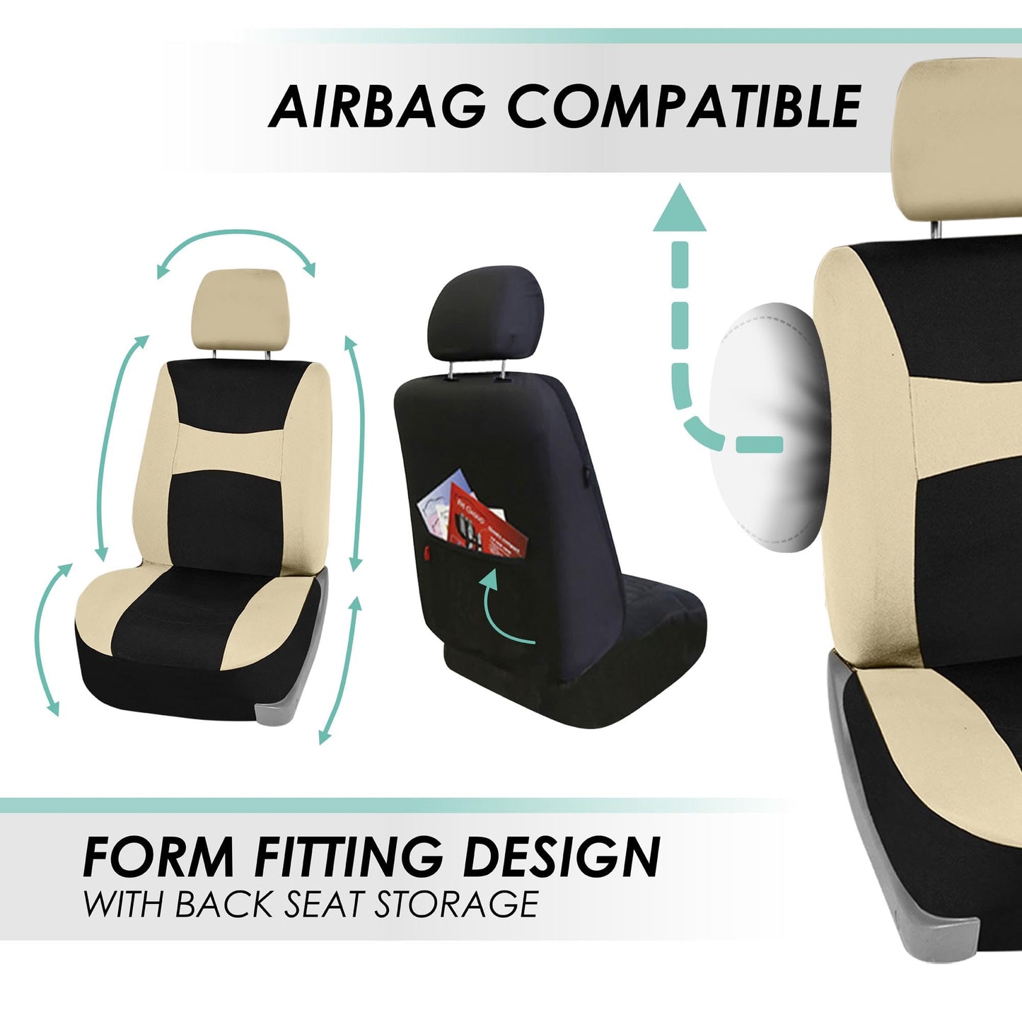 FH Group Car Seat Covers Full Set Cloth - Universal Fit, Automotive Seat Covers, Low Back Front Seat Covers, Airbag Compatible, Split Bench Rear Seat, Car Seat Cover for SUV, Sedan, Van Beige