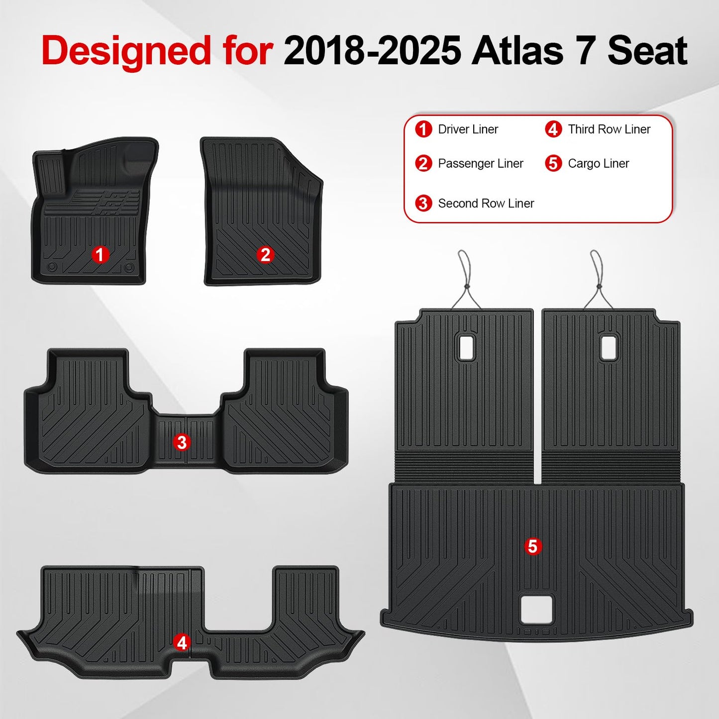 HOUCLEMIC Floor Mats for 2018-2024 2025 Volkswagen Atlas 7 Passenger Bench Seating (Not for Cross Sport)-All Weather TPE Cargo Mat with Backrest Mats for 2025 VW Atlas Car Accessories