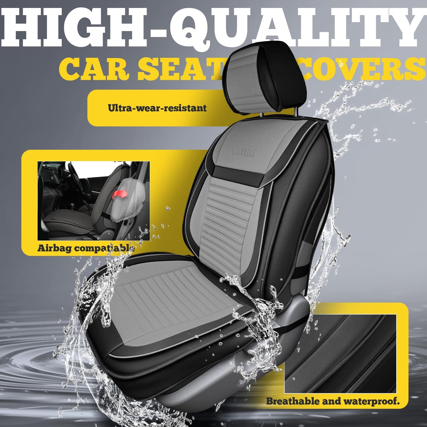 LINGVIDO Car Seat Covers, Breathable and Waterproof Faux Leather Automotive Seat Covers for Cars SUV Truck Sedan,Universal Anti-Slip Driver Seat Cover with Backrest (Full Set, Gray+Black)