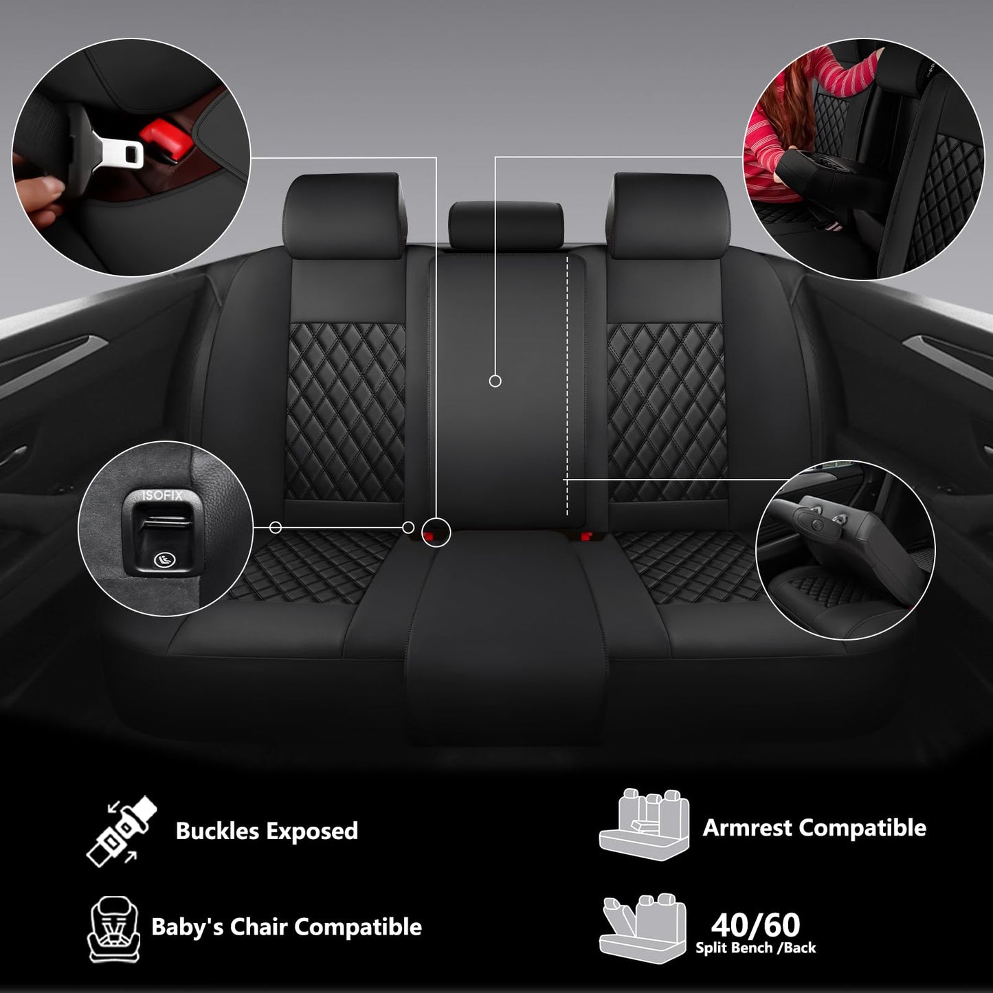 CHOCMONS Car Seat Covers Full Set,Universal Fit for Cars,SUVs,Trucks,and Sedans with 5 Seats,Faux Leather Car Seat Cushion Compatible with Airbags,Waterproof Car Seat Protector Black