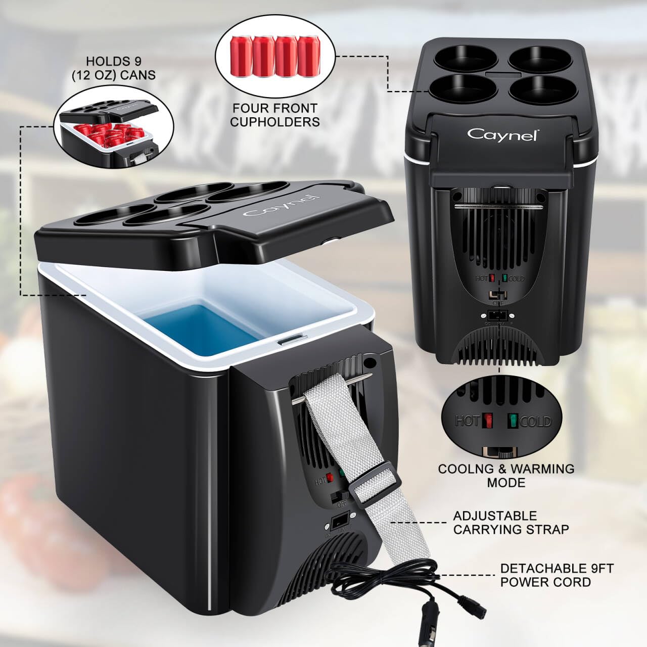 CAYNEL 12V 6 Quart Personal Thermoelectric, 6 Liter Capacity, Portable Electric Cooler Warmer with 12V DC, Small Fridge for Car, RV, and Camping Use