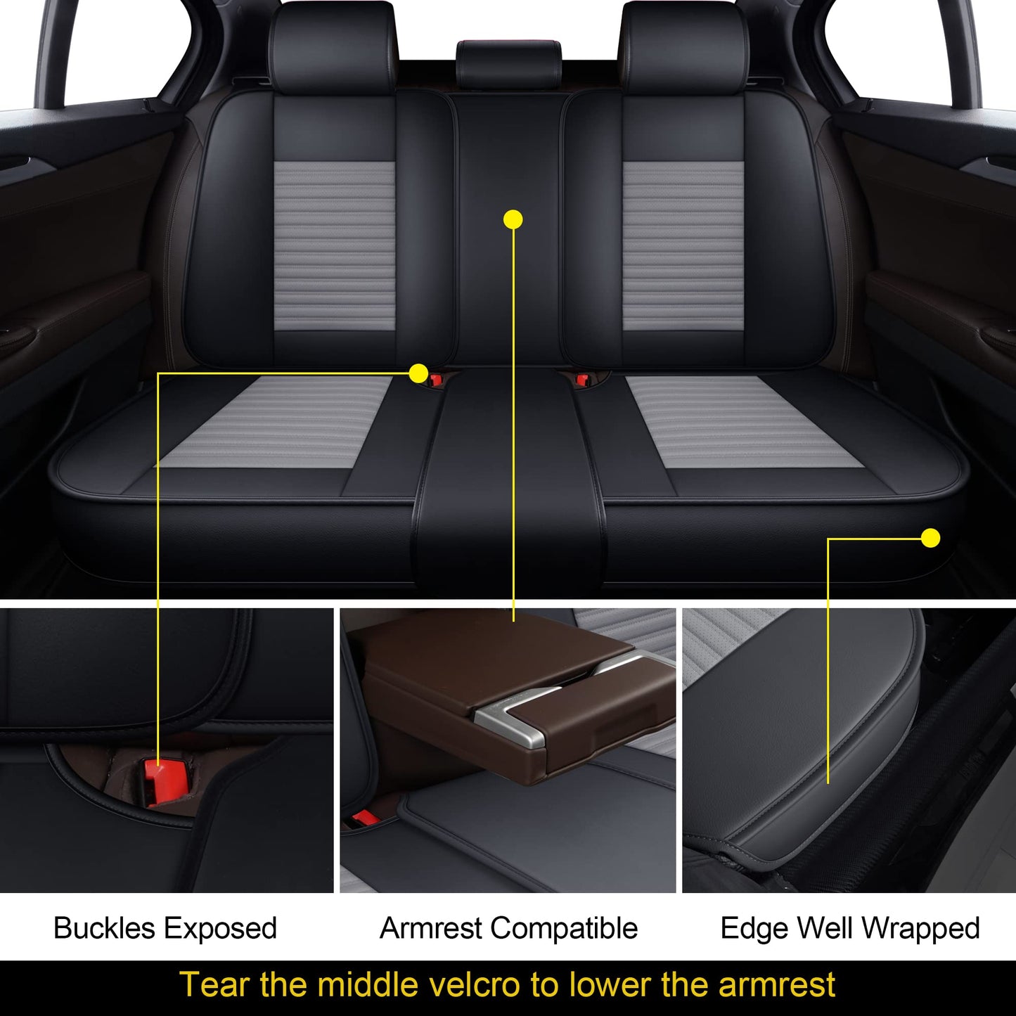 LINGVIDO Car Seat Covers, Breathable and Waterproof Faux Leather Automotive Seat Covers for Cars SUV Truck Sedan,Universal Anti-Slip Driver Seat Cover with Backrest (Full Set, Gray+Black)