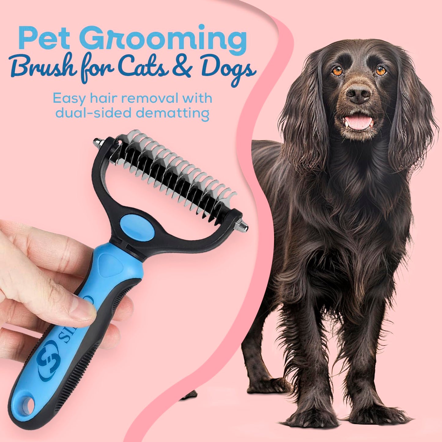 Sinko Undercoat Rake for Dogs & Cats, Dematting Comb with Extra Wide Double-Sided Stainless Teeth for Detangling, Deshedding, Brushing & Removing Shed Fur, Knots, Mats, and Tangles in Pets (Blue)