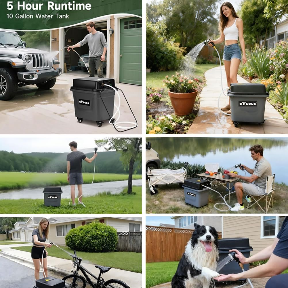 OYOOQO Cordless Portable Power Washer - 10 Gal Built-in Tank, 330 PSI Max, 5 Hrs Runtime, Wheel-Mounted & Hoseless, Perfect for Car Wash, Portable Shower, Garden/Patio, Camping & Outdoor Cleaning