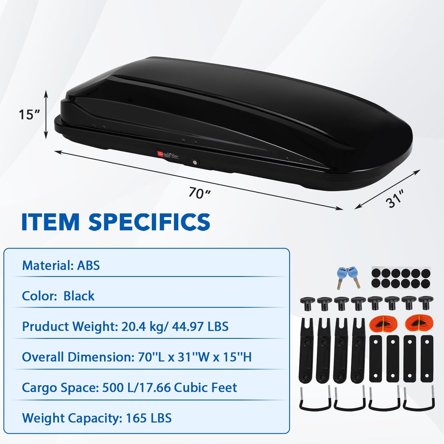 Hard Shell Roof Top Cargo Carrier - 17.7 Cu Ft Tool-Free Installation with Locking Keys, SUV Truck Roof Cargo Box - Waterproof & Durable for Road Trips, Camping & Travel - 70" L x 31" W x 15" H