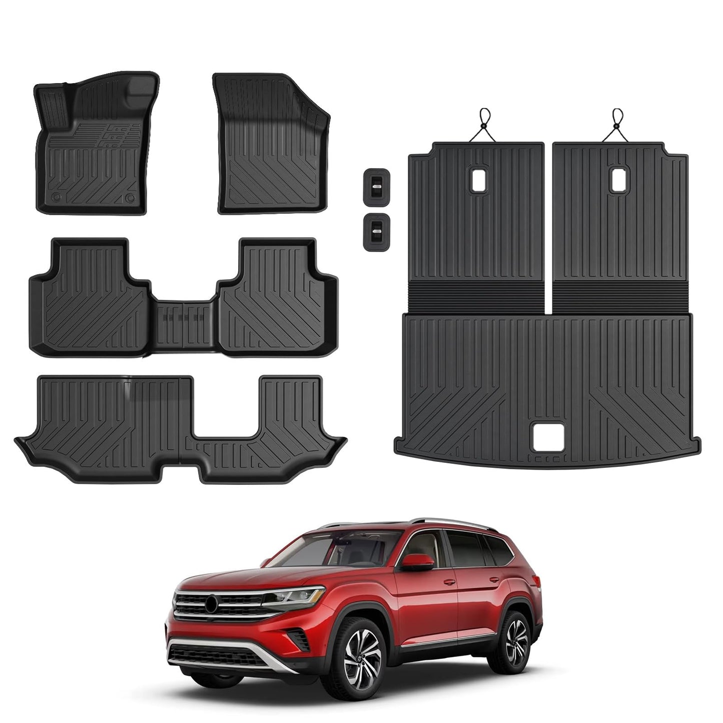 GALVAGNITE Floor Mats for 2018-2024 2025 Volkswagen VW Atlas 7 Seats(Not for Cross Sport), All Weather TPE Trunk Mat Cargo Liner with Backrest Mat for Atlas Accessories