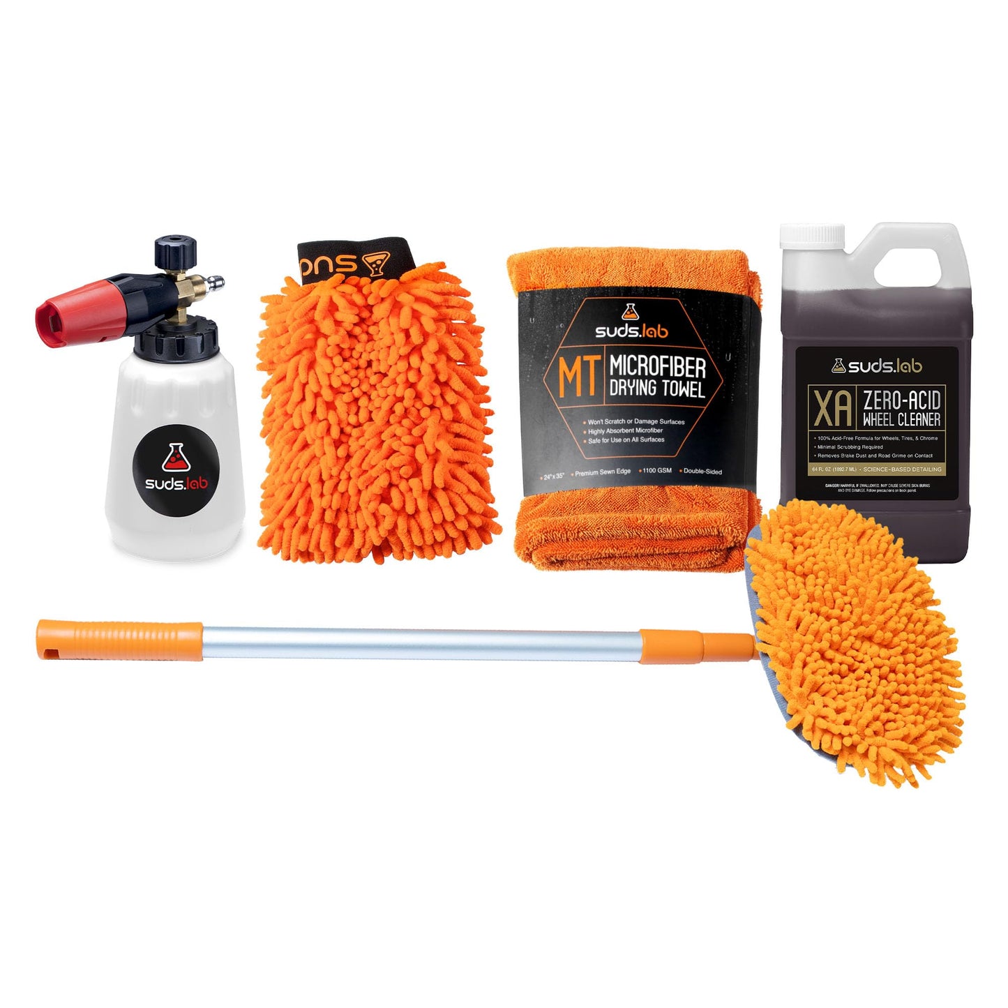 Suds Lab Car Wash Kit – Chenille Microfiber Wash Mitt, Large Drying Towel, Extendable Cleaning Brush, Zero-Acid Wheel Cleaner & Foam Cannon