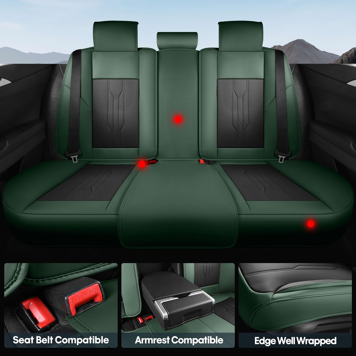 AOOG Car Seat Covers Full Set, Leather Seat Covers for Car, Waterproof Car Seat Protector with Lumbar Support, Automotive Seat Covers Universal Fit for Most Cars SUV Trucks (Full Set, Green&Black)