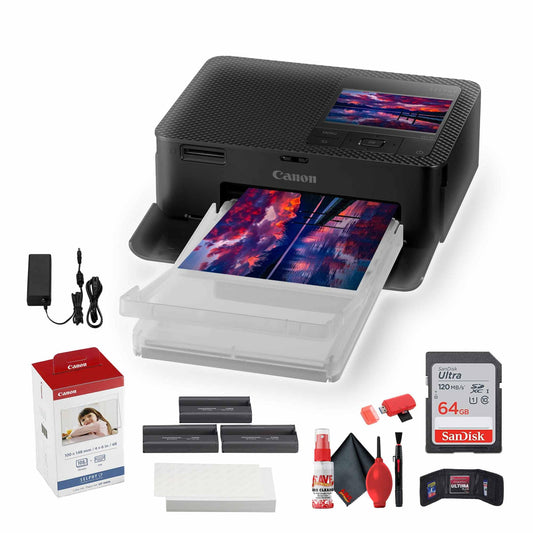 Canon SELPHY CP1500 Compact Photo Printer (Black) (5539C001) KP-108IN Color Ink and Paper Set + 64GB Ultra Memory Card + Cleaning Kit + Memory Card Wallet + Card Reader