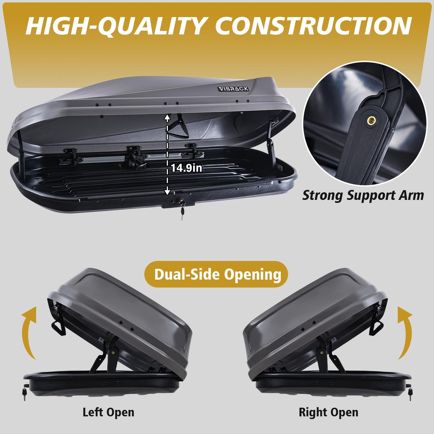 Hard Shell Rooftop Cargo Carrier with Roof Box, Heavy Duty Weatherproof 14 Cubic Feet Rooftop Cargo Carrier for Car Storage, Gray