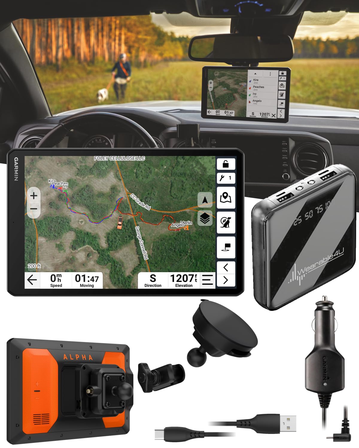 Garmin Alpha XL in-Vehicle Dog Tracking GPS Navigator, 10.1” Touchscreen, VHF Radio for 9-Mile Range, Tracks up to 20 Dogs, 64 GB Memory, Preloaded Maps, 18 Training Levels w/ Wearable4U PBank Bundle