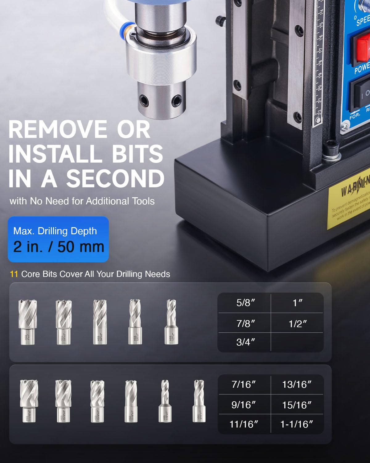 ZELCAN Magnetic Drill Press with 11 Drill Bits, 1550W Mag Drill Press with 2" Dia. 3125 lbf/13900N Mag Force, 650 rpm Power Magnetic Drill with Stepless Speed & Reversible Direction for Metal Surface