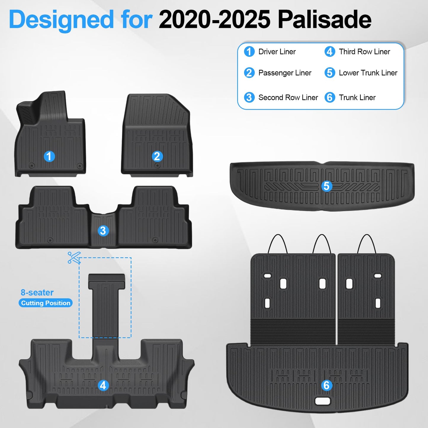 HOUCLEMIC Floor Mats for 2020-2024 2025 Hyundai Palisade 7/8 Passenger, Trunk Mat with Seat Back Cover and Lower Cargo Mat All Weather Interior Protector for Hyundai Palisade Calligraphy Accessories