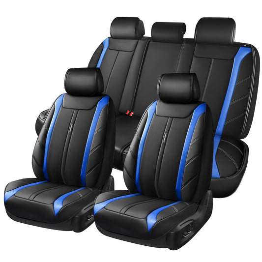 CAR PASS Luxury Faux Leather Seat Covers Full Set, Breathable Sporty Premium Leather Seat Covers, Waterproof Anti Slip Automotive Seat Covers Universal Fit for 95% Trucks SUV Sedans Van,Black and Blue